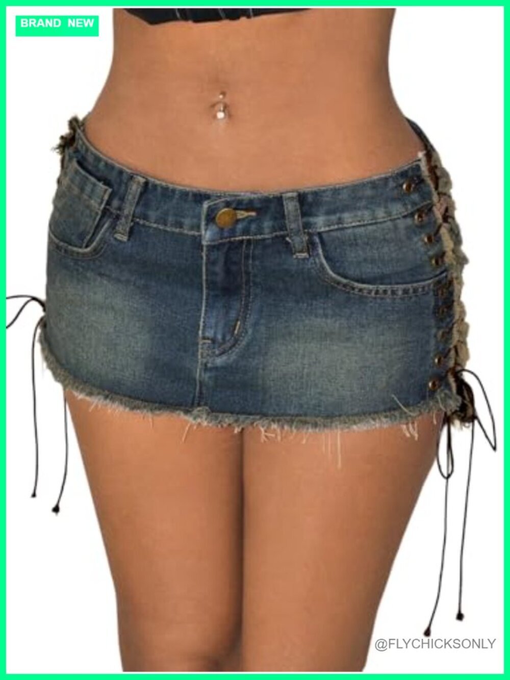 Lace Up Side Bodycon Denim Mini Skirt Y2k Low Rise Frayed Hem Jean Skirt